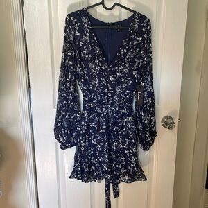 Lulus skater dress long sleeve dark blue floral print size small